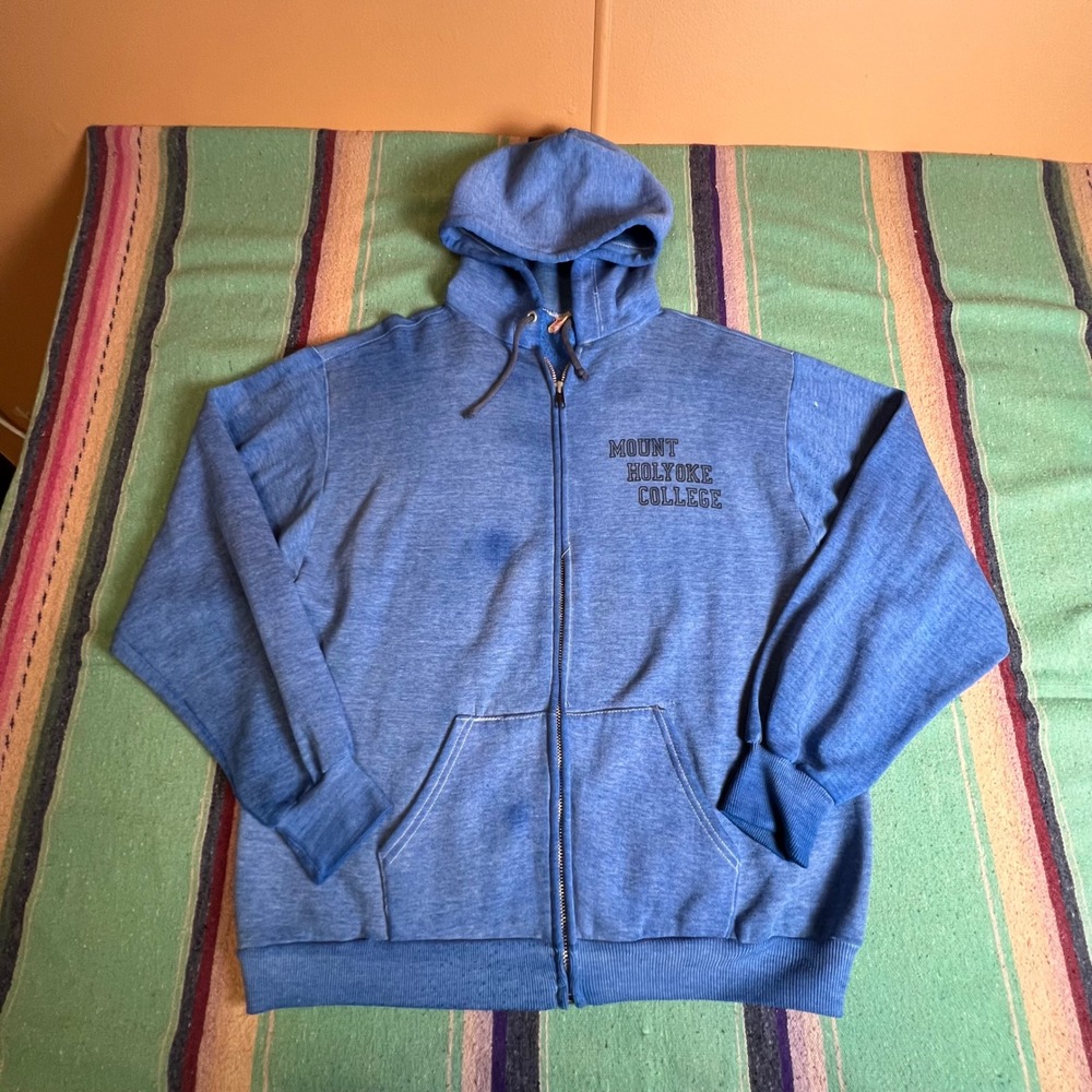 Wolf Mount Holyoke College Hoodie Mens L Blue Zip Up Sweatshirt Vintage College